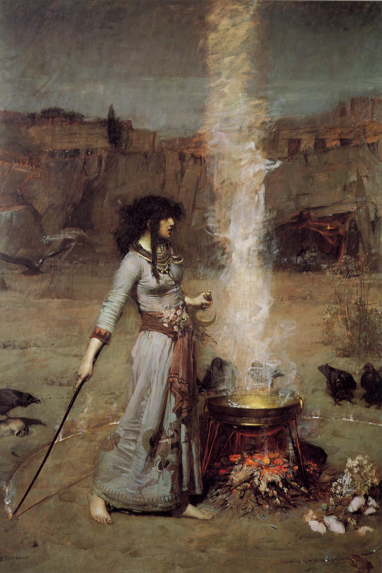 A witch drawing a circle around her smoking cauldron, ravens waiting — J.W. Waterhouse, 1886
